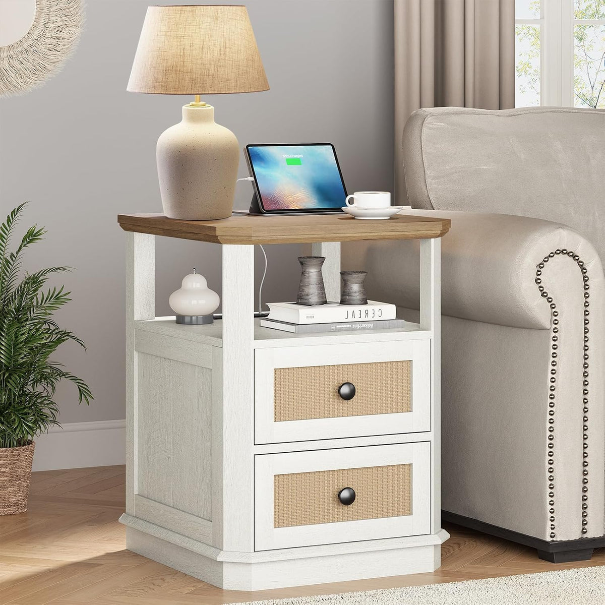 REDAYFUR End Table with Charging Station, 18" Small Modern Farmhouse Nightstand with Rattan Drawers, Tall Bedside Table & 2-Drawer Dresser for Bedroom, Living Room, Hallway, White