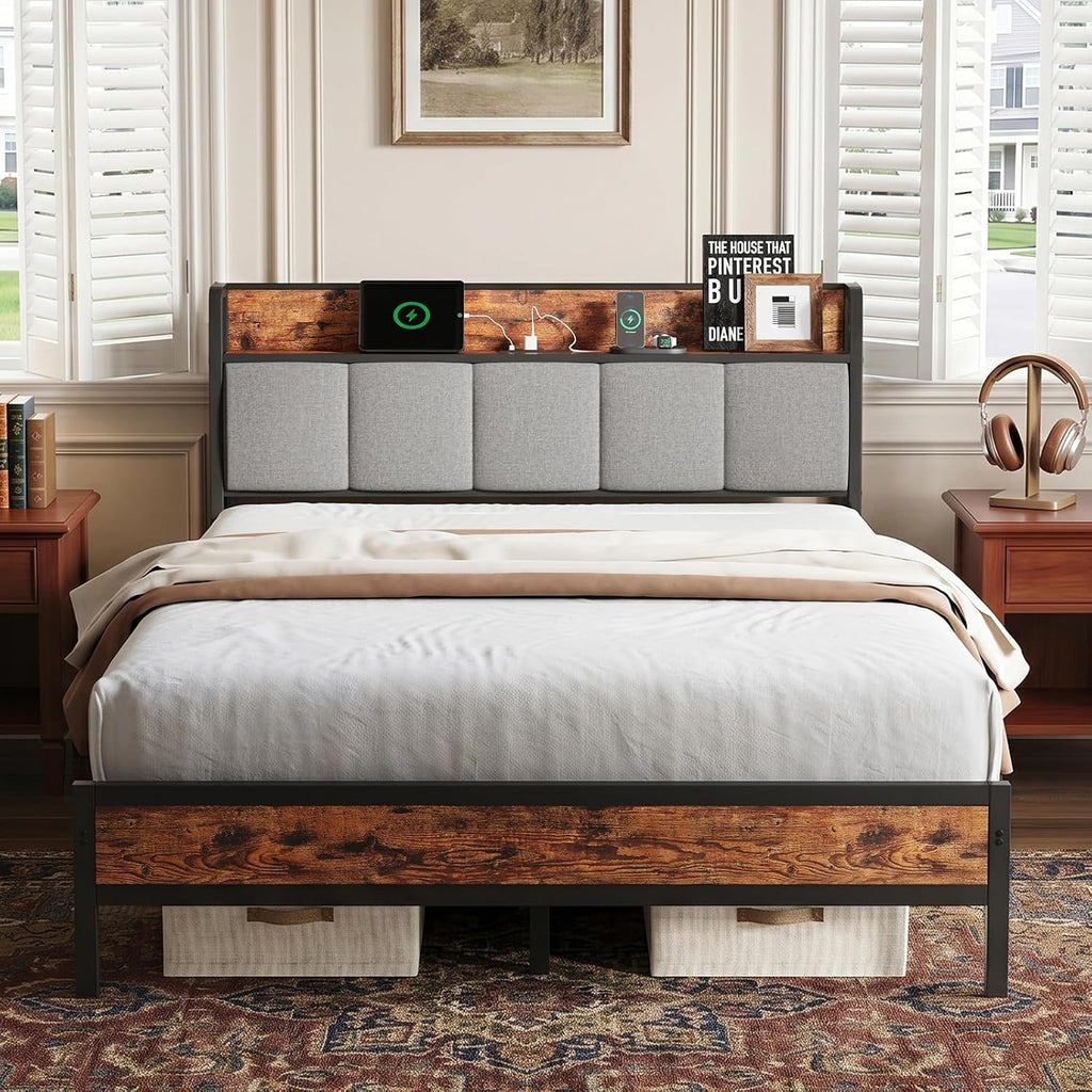 Novilla Queen Bed Frame with Charging Station & Storage Headboard, Modern Upholstered Platform Bed Frame, Heavy Duty Metal Slats, Noise Free, No Box Spring Needed