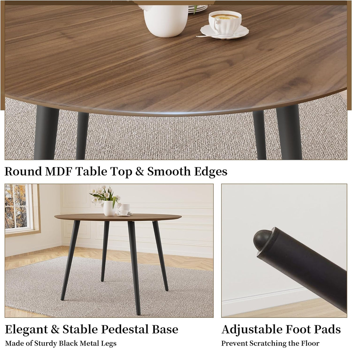 HIPIHOM 43.3 Inch Walnut Round Dining Table for 4, Space-Saving Dinette Perfect for Kitchen Dining Living Room(Walnut Table)