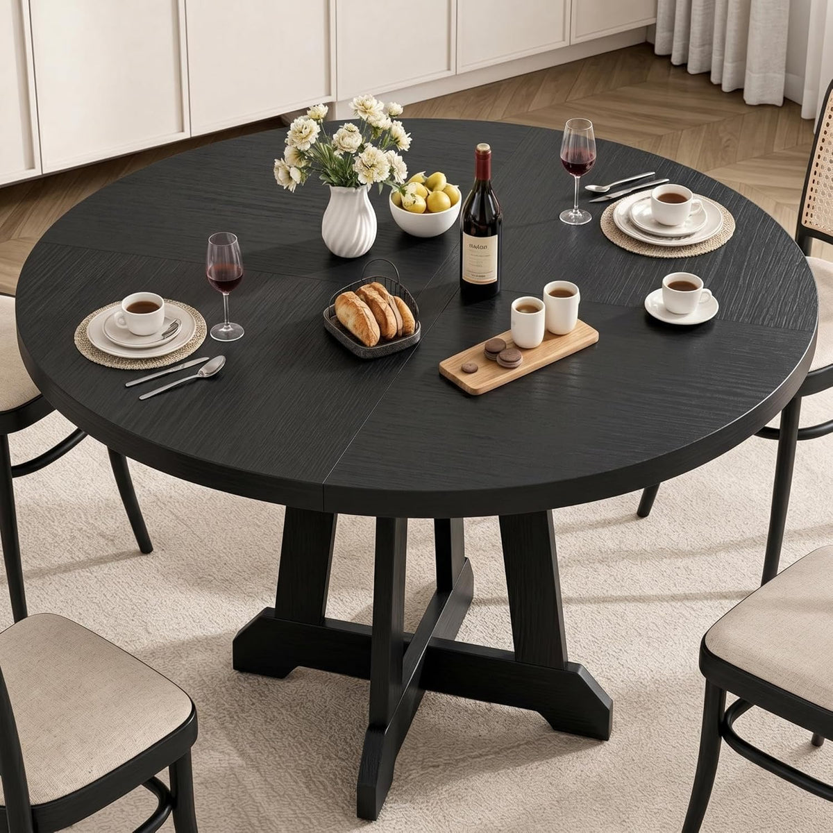 GarveeHome Round Dining Table for 4, 47 Inches Dining Room Table with Wooden Base, Kitchen Table with Circle Tabletop, Dinner Table for Dining Room, Kitchen, Living Room, Black