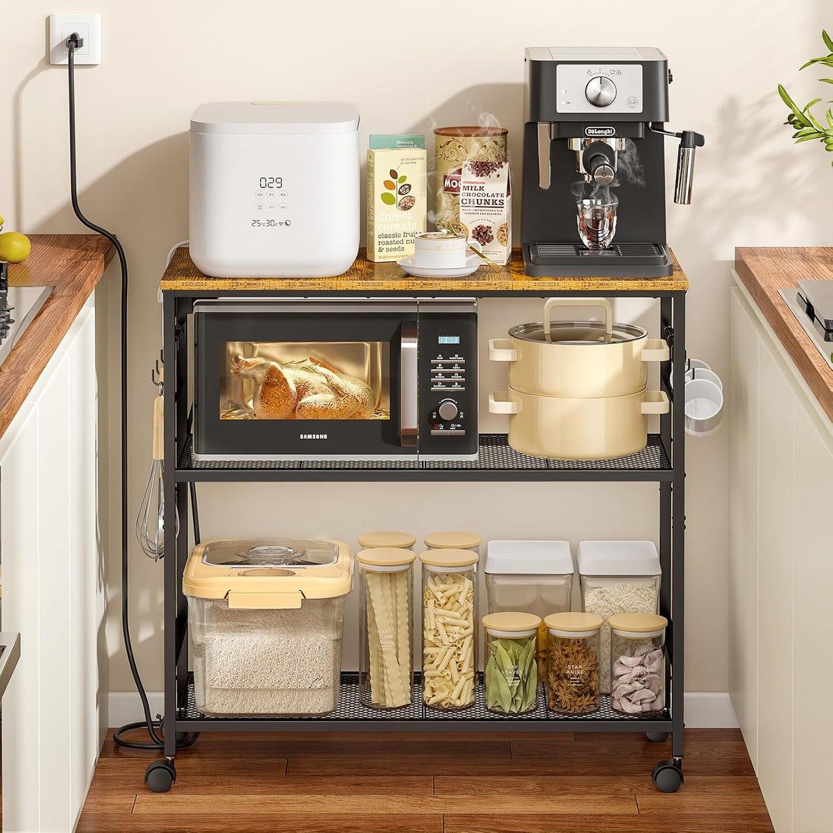 3 Tier Rolling Kitchen Microwave Cart with Power Outlet, 33 Inch Microwave Table Stand with Adjustable Shelf, Kitchen Storage Island Utility Cart Bakers Rack Coffee Bar for Living Room, Office