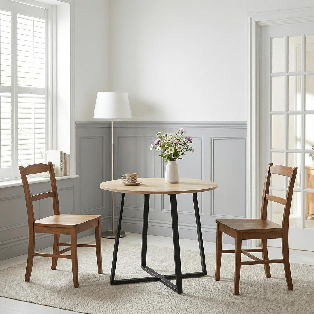 IDS Home 35.4” Round Dining Table for 2, Modern Nordic Kitchen Table, Light Wood Grain Top with Black Metal Base, Small Space Apartment Table, Coffee Table for Dining Room &Living Room, Natural