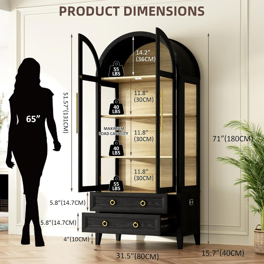Vlsrka 71" Arched Curio Cabinet with Glass Doors, 4-Shelves Display Cabinet and 2 Drawers, Display Case with 3 Color Lights, Tall Bookcase, Kitchen Pantry, Black+Wood