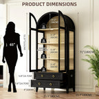 Vlsrka 71" Arched Curio Cabinet with Glass Doors, 4-Shelves Display Cabinet and 2 Drawers, Display Case with 3 Color Lights, Tall Bookcase, Kitchen Pantry, Black+Wood