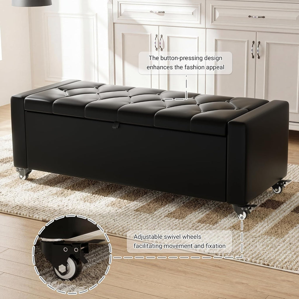 50” Ottoman Bench with Storage, Upholstered Faux Leather End of Bench for Bedroom, Load up to 660 lb, Fixed Base & Movable Swivel Wheels，Rectangular Tufted Entryway with Safety Hinge (Black)