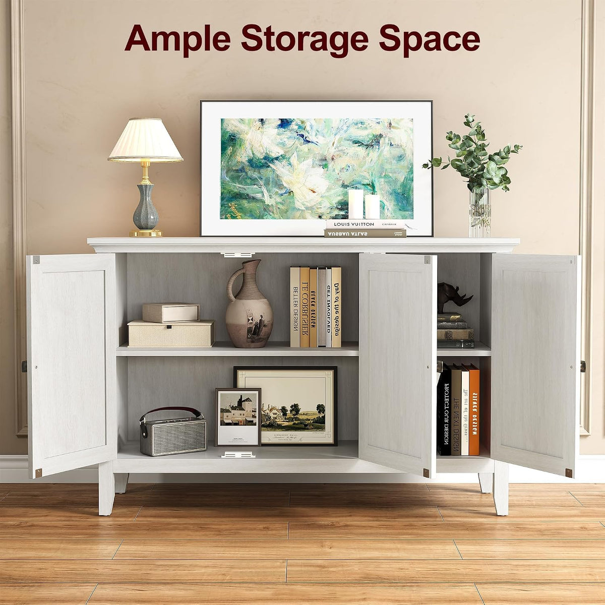 RoyalCraft Buffet Cabinet with Storage, Mid Century Modern Sideboard with 3 Doors, Wood Credenza Coffee Bar Cabinet, Console Table for Dining Room, Living Room, Kitchen, Hallway, Grayish-White