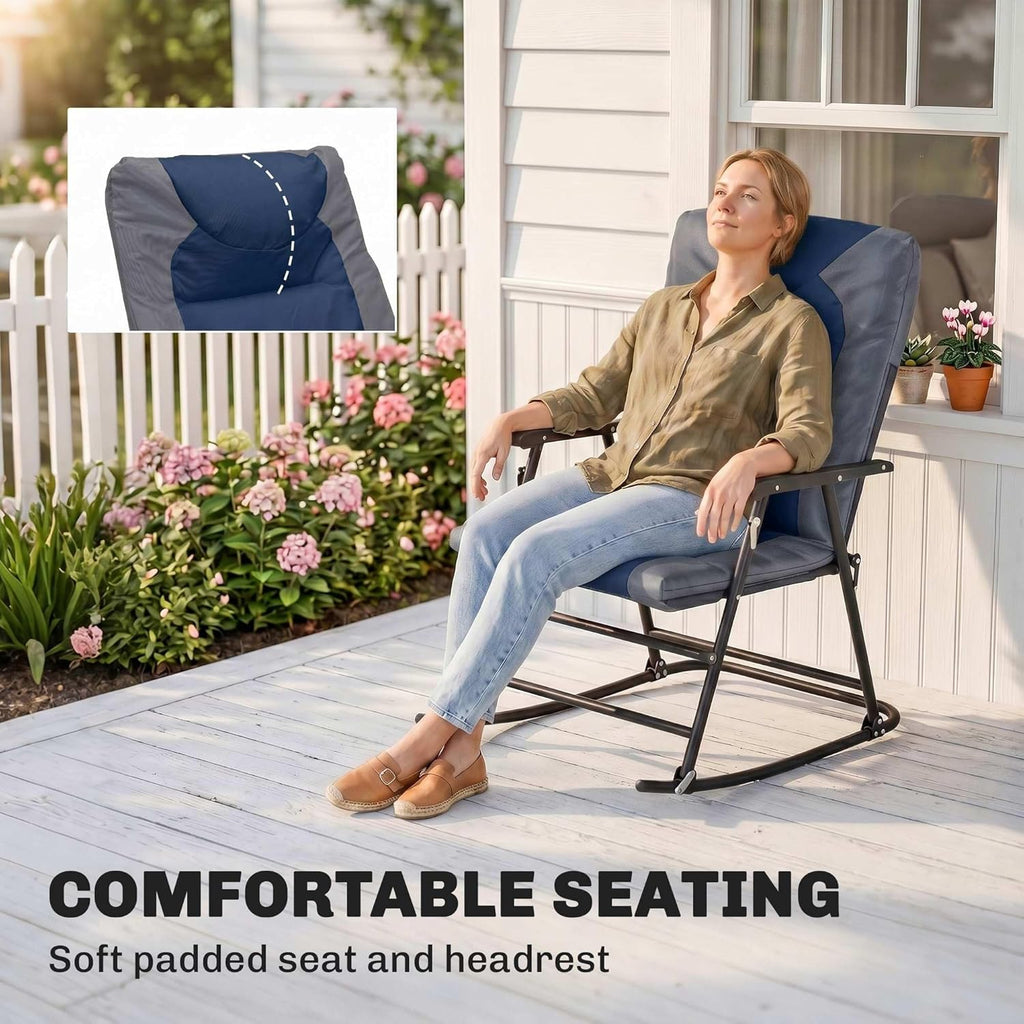 Outsunny 3 Piece Outdoor Patio Furniture Set with Glass Coffee Table & 2 Folding Padded Rocking Chairs, Bistro Style for Porch, Camping, Balcony, Navy Blue