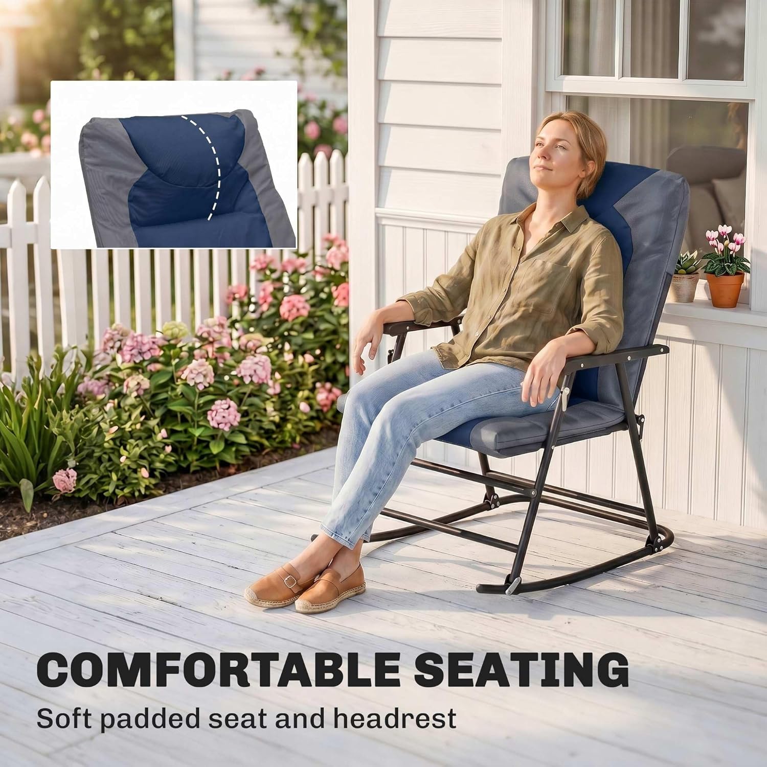 Outsunny 3 Piece Outdoor Patio Furniture Set with Glass Coffee Table & 2 Folding Padded Rocking Chairs, Bistro Style for Porch, Camping, Balcony, Navy Blue