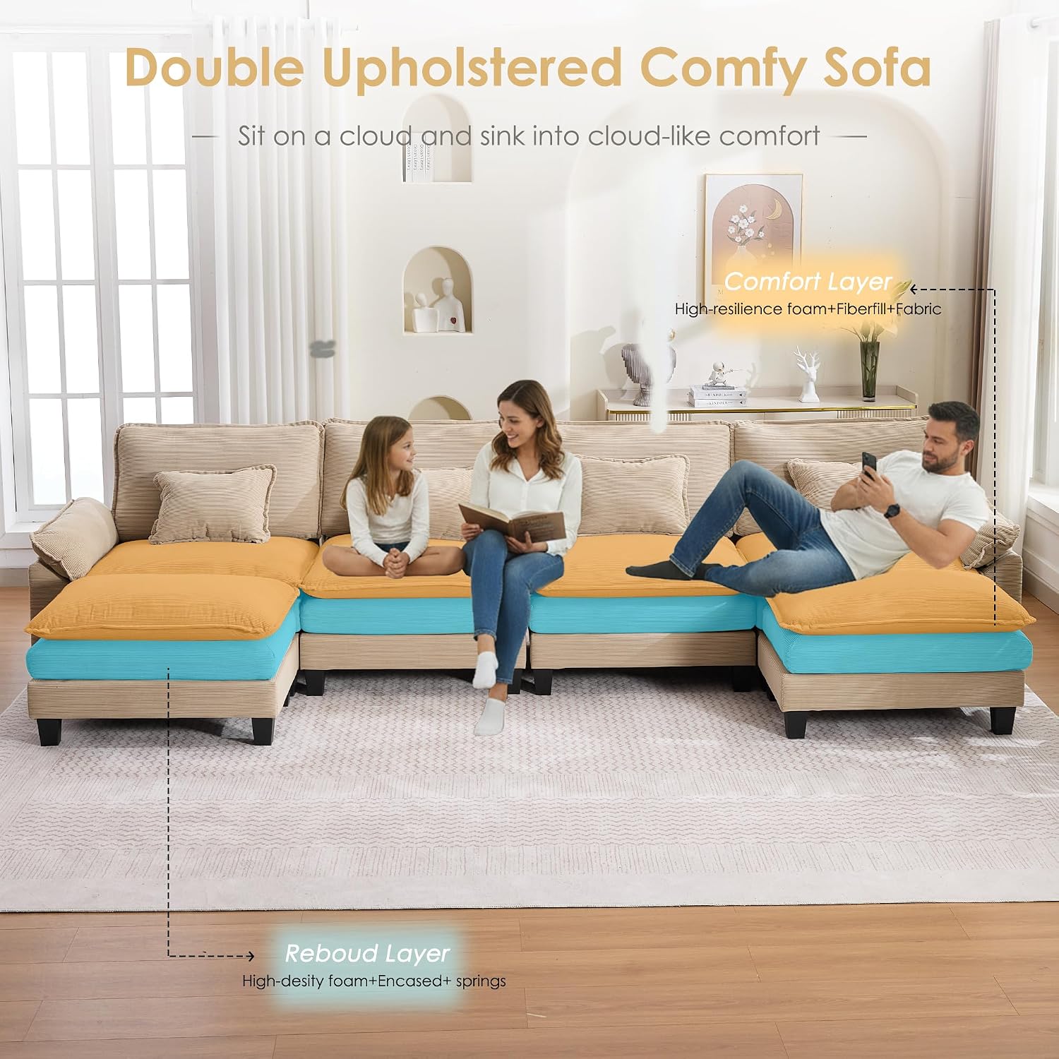 URRED Oversized Modular Sectional Sofa，Solid Khaki：157" U Shaped | Modern Comfy Cloud Couch with Movable Ottoman and Pillow, Deep Seat Couches for Living Room, Bedroom or Apartment