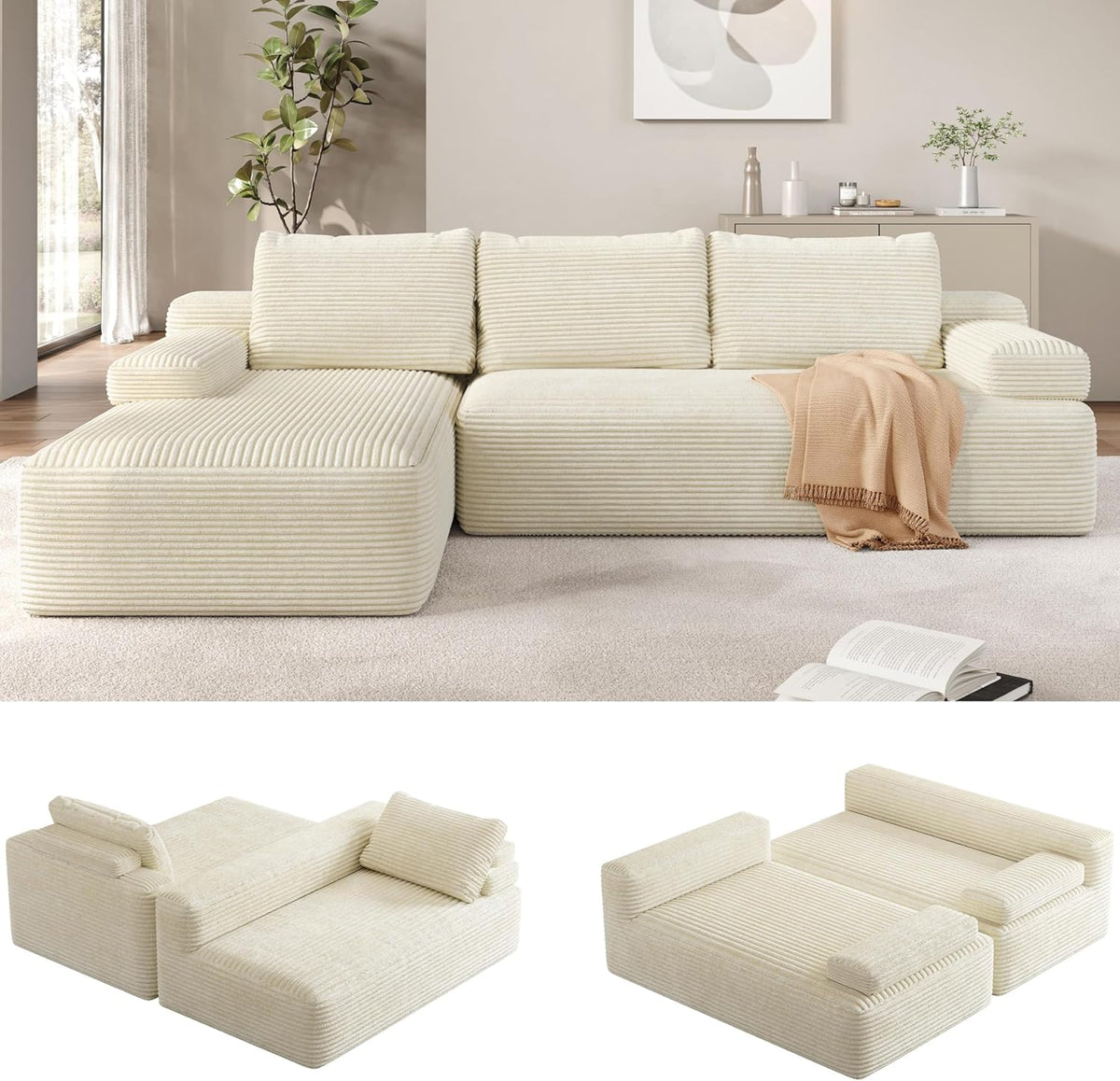 Yaheetech 110" Sectional Sofa Couch with Chaise, Beige | Sectional Sofa Cloud Couch Corduroy Modular L-Shape Couch No Assembly Sofa with Detachable Pillow for Living Room Guest Room