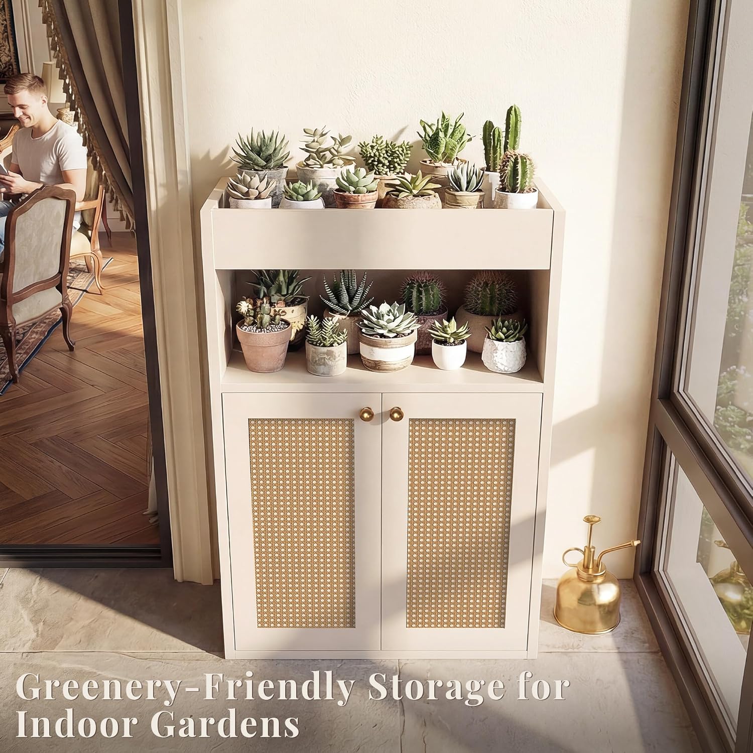 Rattan Bathroom Storage Cabinet, Freestanding Floor Organizer with Anti-Tip Devices and Adjustable Shelf, Kitchen Pantry for Living Room, Dining Room, White