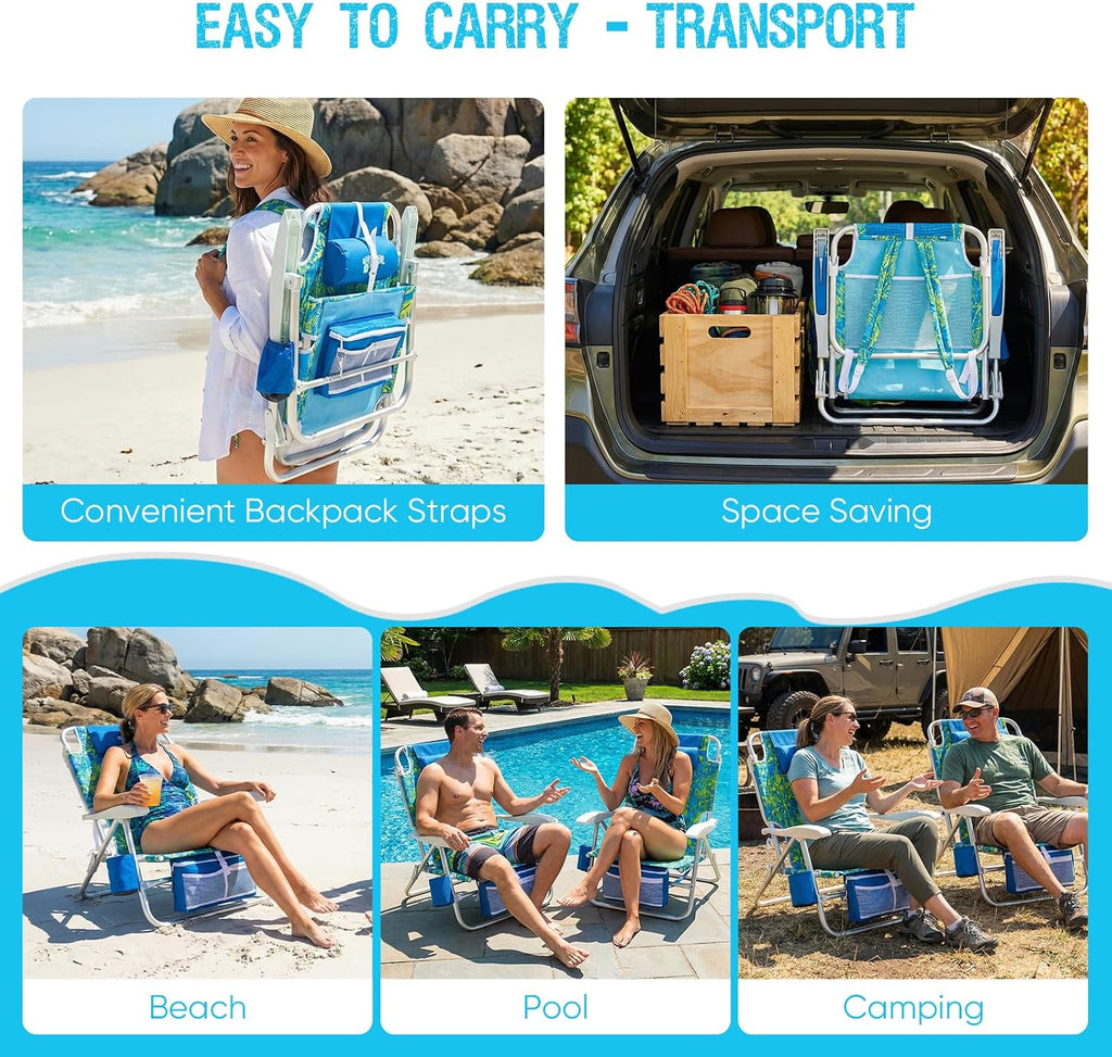 Old Bahama Bay Beach Chairs for Adults, 7-Position Classic Lay Flat Beach Chair Reclining Beach Chair, Portable Aluminum Backpack Beach Chair with Towel Bar & Cooler Bag