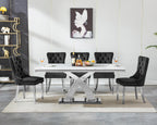7 Piece Dining Table Set with Chairs, Faux Marble Dining Table and Black Chair Set for 6, White Silver Dining Room Table Set with X-Shape Stainless Steel Base, Morden Kitchen Table and Chairs for 6