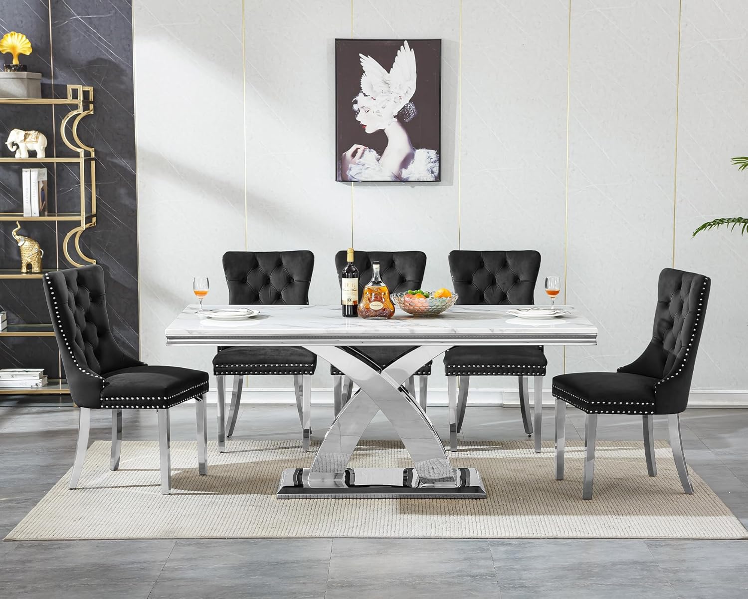 7 Piece Dining Table Set with Chairs, Faux Marble Dining Table and Black Chair Set for 6, White Silver Dining Room Table Set with X-Shape Stainless Steel Base, Morden Kitchen Table and Chairs for 6