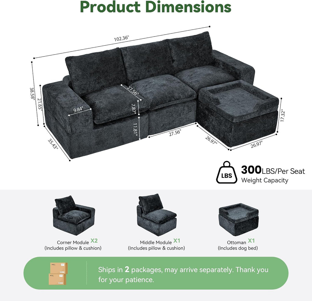 MONVANE 102" Modular Sectional Sofa, Oversized 4 Seat Convertible L Shaped Cloud Couch with Multi-Use Lounge Ottoman, Comfy Crushed Velvet Couches for Living Room, Charcoal Grey