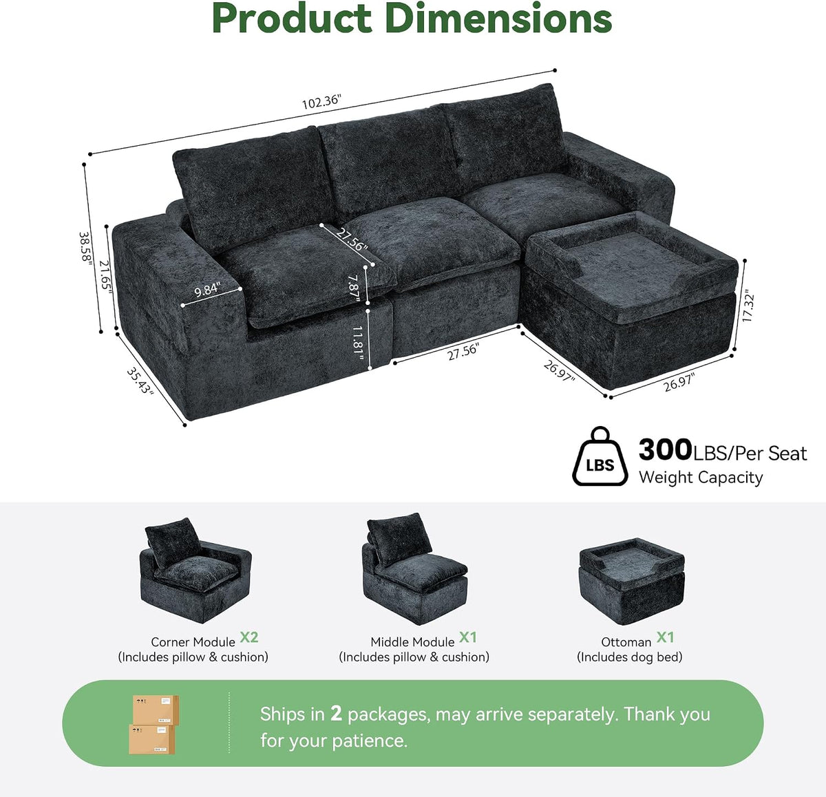 MONVANE 102" Modular Sectional Sofa, Oversized 4 Seat Convertible L Shaped Cloud Couch with Multi-Use Lounge Ottoman, Comfy Crushed Velvet Couches for Living Room, Charcoal Grey