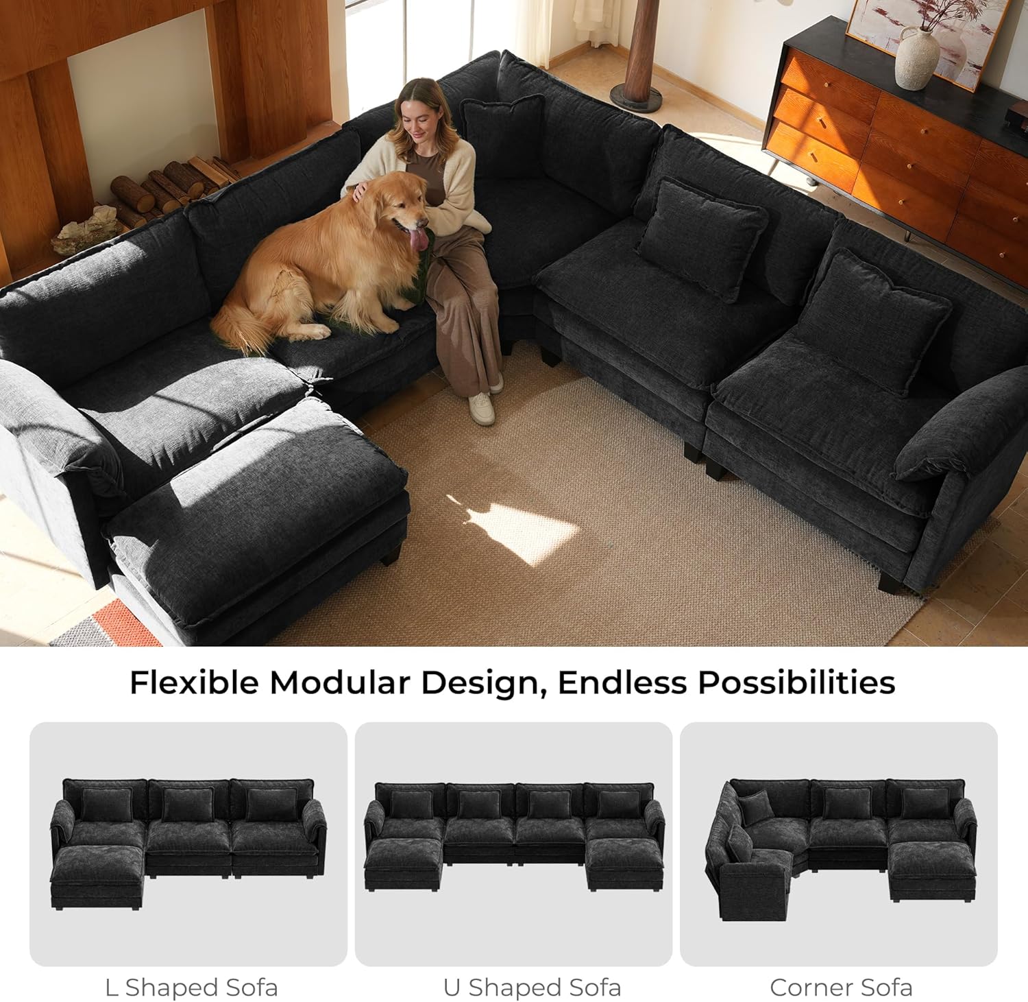 ELUCHANG 114" Oversized V-Shaped Cloud Couch Modular Sectional Sofa with Throw Pillows, 6-Seats w/Corner Comfy Double Layer Upholstered Deep Sofa for Living Room, DIY Combination, Chenille Black