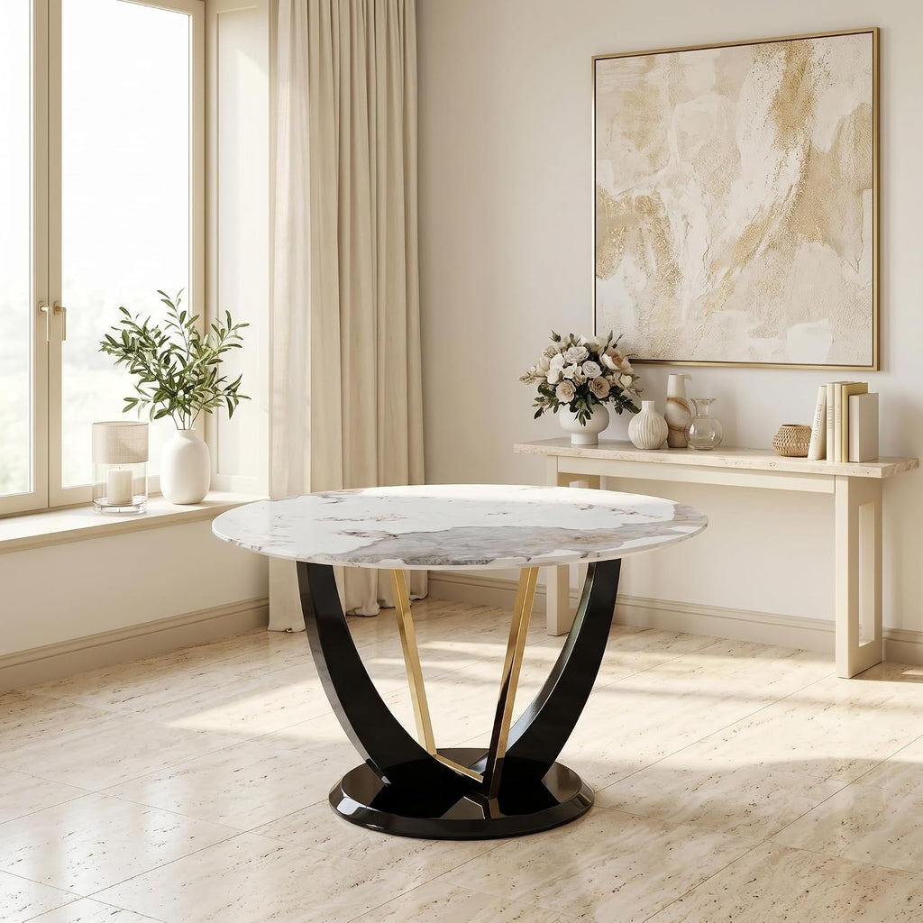 48 Inch Round Dining Table for 4-6, Modern Circle Dining Table with Black & Gold Metal Pedestal Base, Faux Marble Round Kitchen Table, 300 LBS Capacity