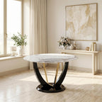 48 Inch Round Dining Table for 4-6, Modern Circle Dining Table with Black & Gold Metal Pedestal Base, Faux Marble Round Kitchen Table, 300 LBS Capacity