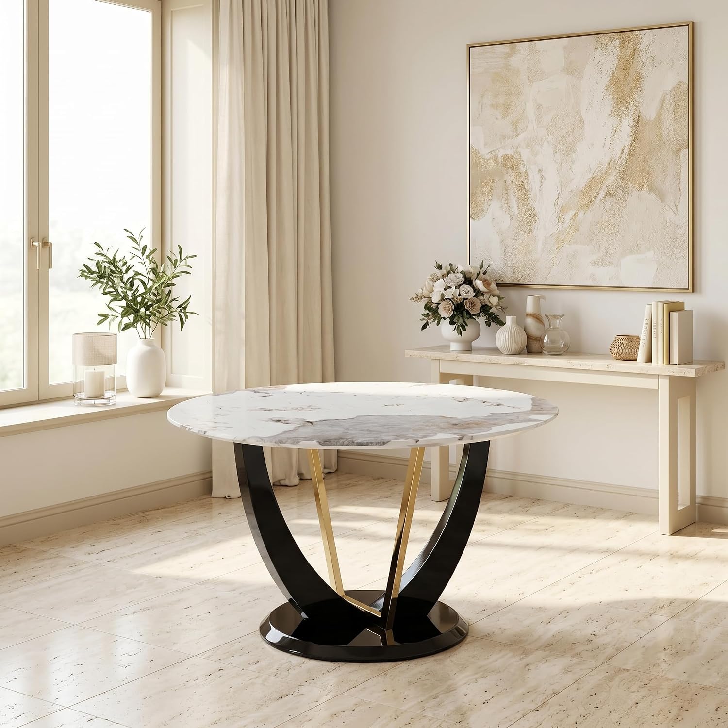 48 Inch Round Dining Table for 4-6, Modern Circle Dining Table with Black & Gold Metal Pedestal Base, Faux Marble Round Kitchen Table, 300 LBS Capacity