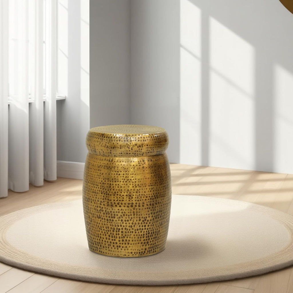 Kvira 21 Inch Round Drum Side End Table, Artisan Hammered Embossed Texture, Antique Gold Brass Finish, Modern Accent Table for Living Room, Bedroom, Entryway and Home Decor Display