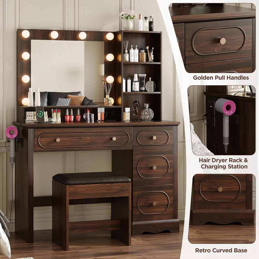 42" Walnut Brown Makeup Vanity Desk with Mirror & Lights & Charging Station | Dark Wood Dressing Table Make Up Desk, Power Outlets & USB Ports, Open Storage, 4 Drawers, Blow Dryer Holder, Vanity Bench