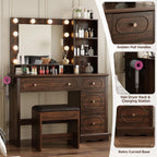 42" Walnut Brown Makeup Vanity Desk with Mirror & Lights & Charging Station | Dark Wood Dressing Table Make Up Desk, Power Outlets & USB Ports, Open Storage, 4 Drawers, Blow Dryer Holder, Vanity Bench