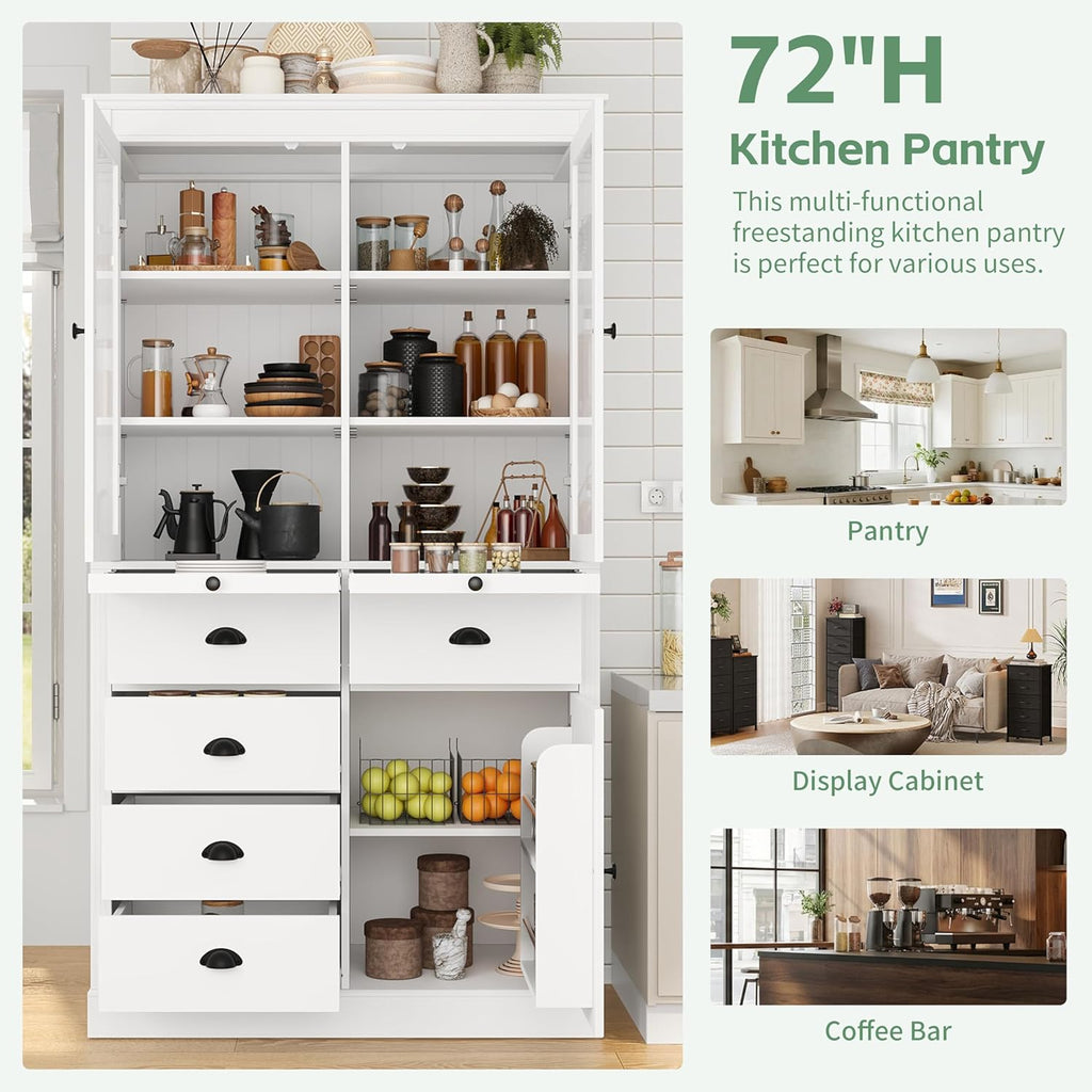roomfitters 72" Kitchen Pantry Organizers and Storage Kitchen Cabinet, Storage Hutch with Glass Doors, 5 Drawers, White