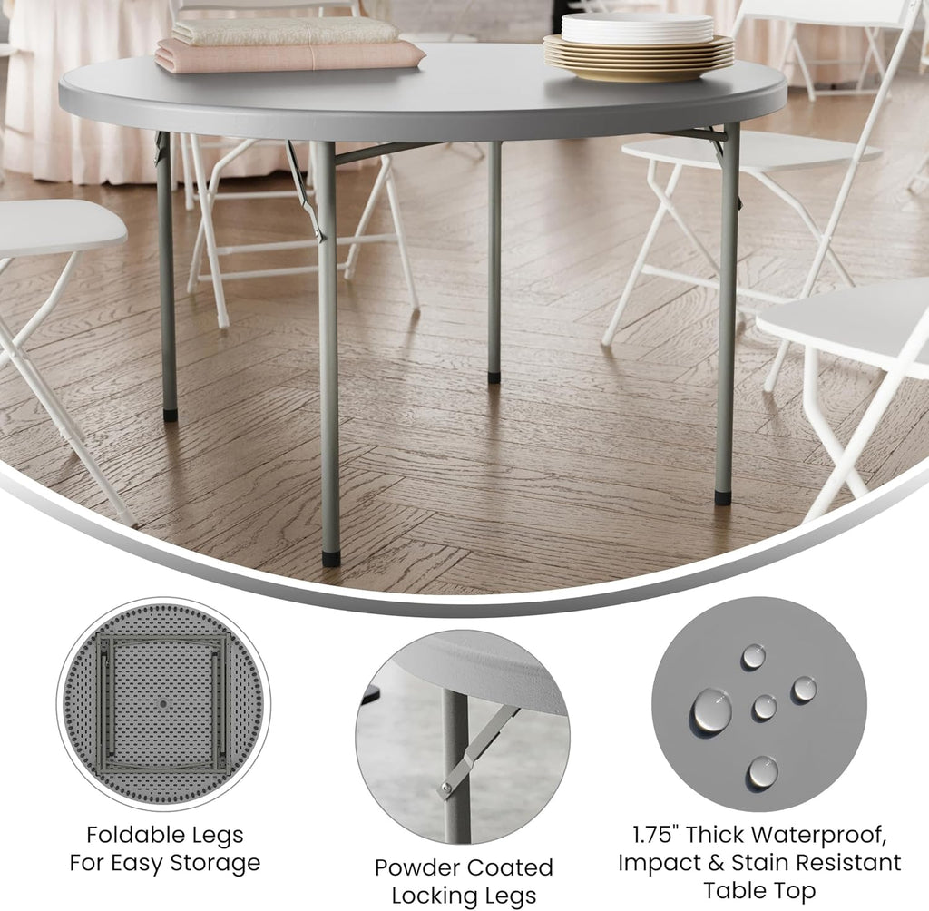 Flash Furniture 4 ft Plastic Round Folding Table, Dark Gray | Durable Construction, Commercial Use
