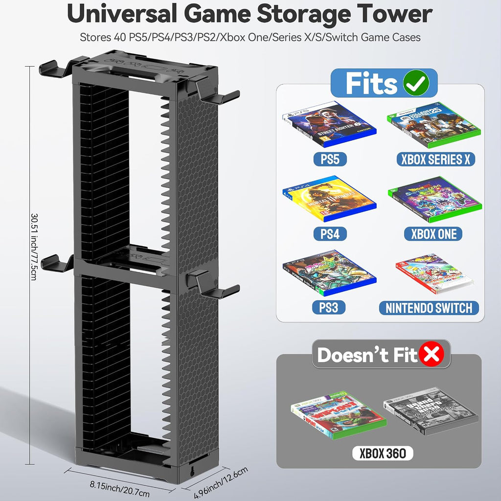 Video Game Disc Rack Tower Storage Holder Stand Universal for PS5/PS4/XBOX One/Series/NS Game, Game Organizer Shelf Display Stand for Wall Mount/Desk/Floor with Controller Holder Sega Genesis Consoles