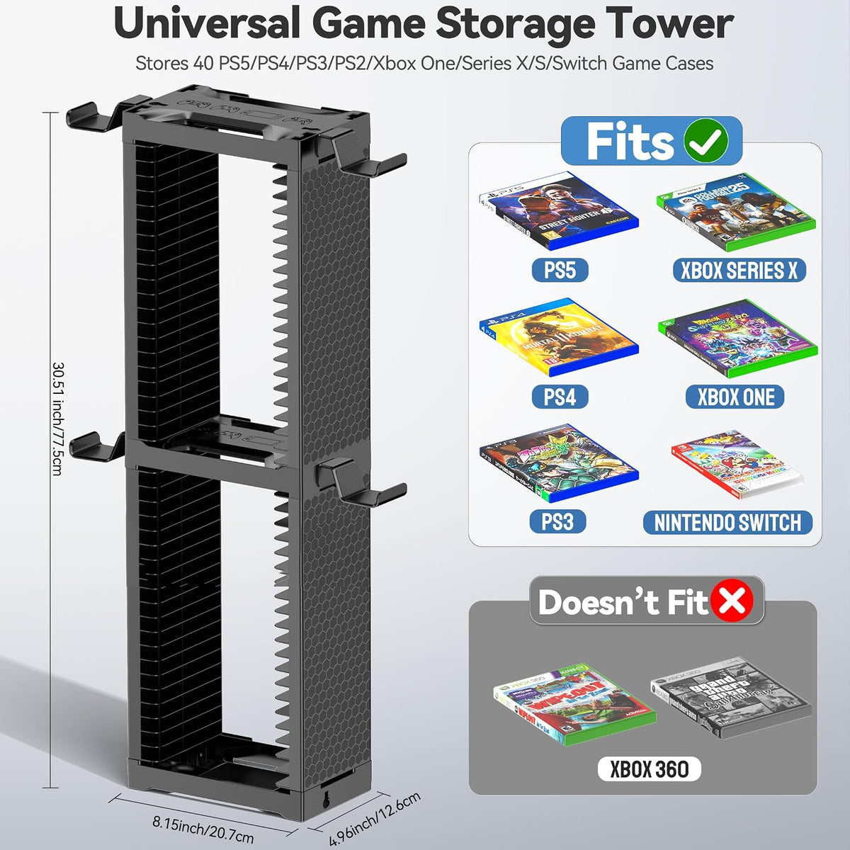 Video Game Disc Rack Tower Storage Holder Stand Universal for PS5/PS4/XBOX One/Series/NS Game, Game Organizer Shelf Display Stand for Wall Mount/Desk/Floor with Controller Holder Sega Genesis Consoles