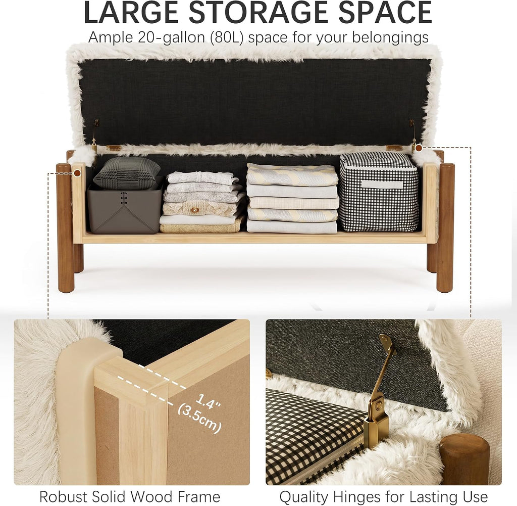 Modern Storage Benches with Walnut Wood Legs, 47'' Ottoman Bench with 20 Gallons Storage Space for Bedroom End of Bed, Faux Fur Fabric Upholstered Entryway Bench, Beige