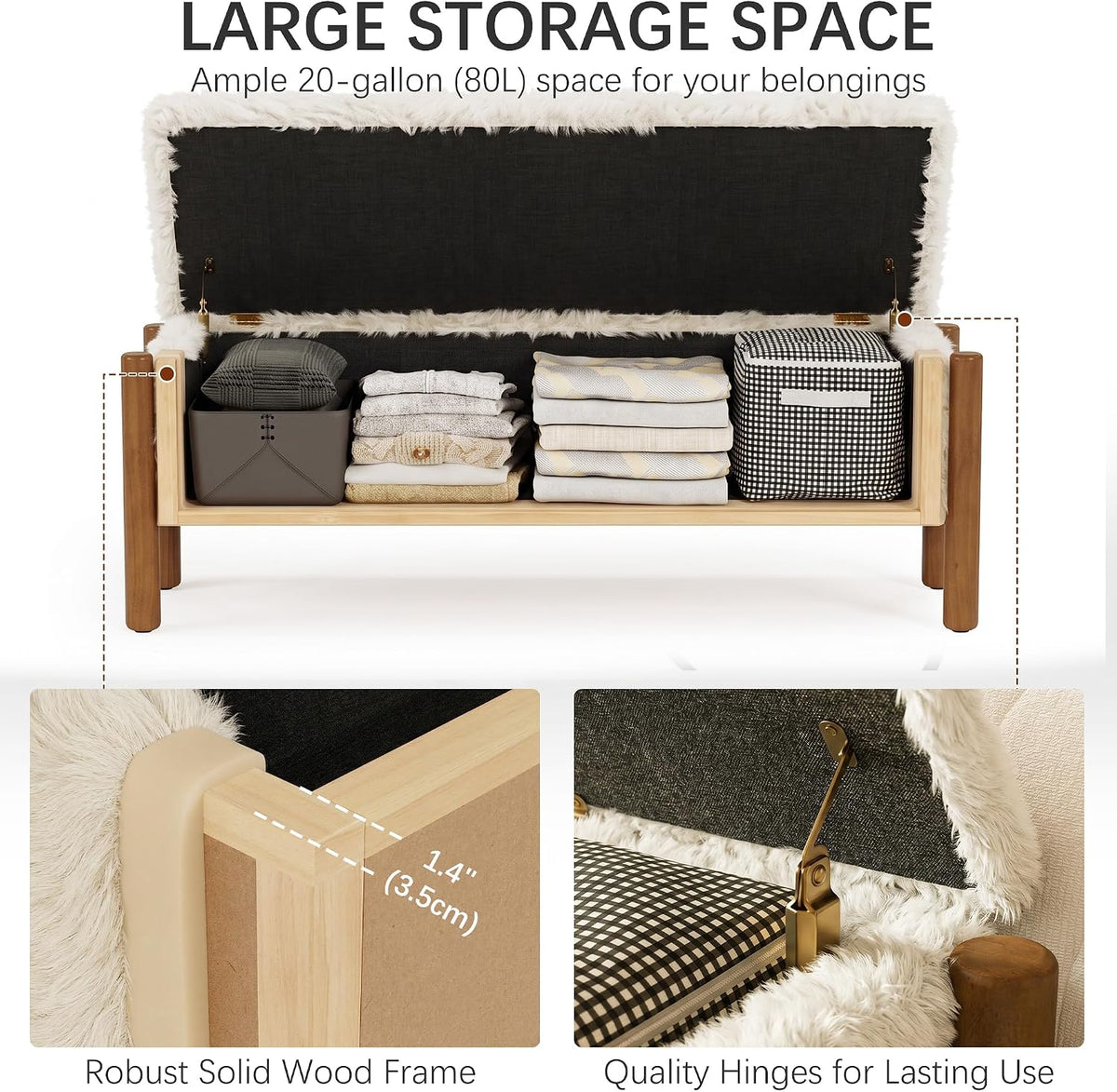 Modern Storage Benches with Walnut Wood Legs, 47'' Ottoman Bench with 20 Gallons Storage Space for Bedroom End of Bed, Faux Fur Fabric Upholstered Entryway Bench, Beige