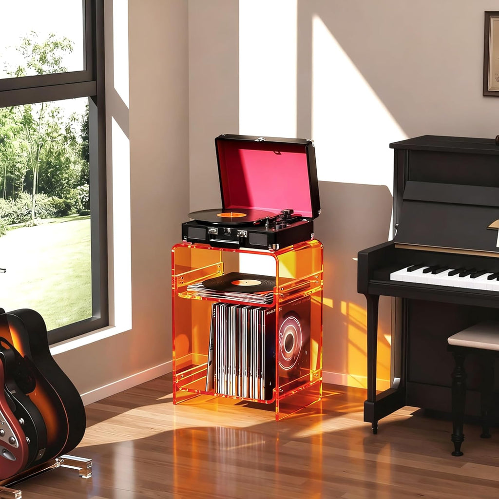 Acrylic Record Player Table with Storage Shelf, Clear Side Table Nightstand (Orange, Medium)