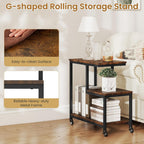 GOFLAME G-Shaped End Table, 3-Tier Sofa Side Table with Wheels, Open Shelves, Metal Frame, Modern Display Accent Table, Small Narrow Rolling Nightstand for Living Room, Bedroom, Rustic Brown