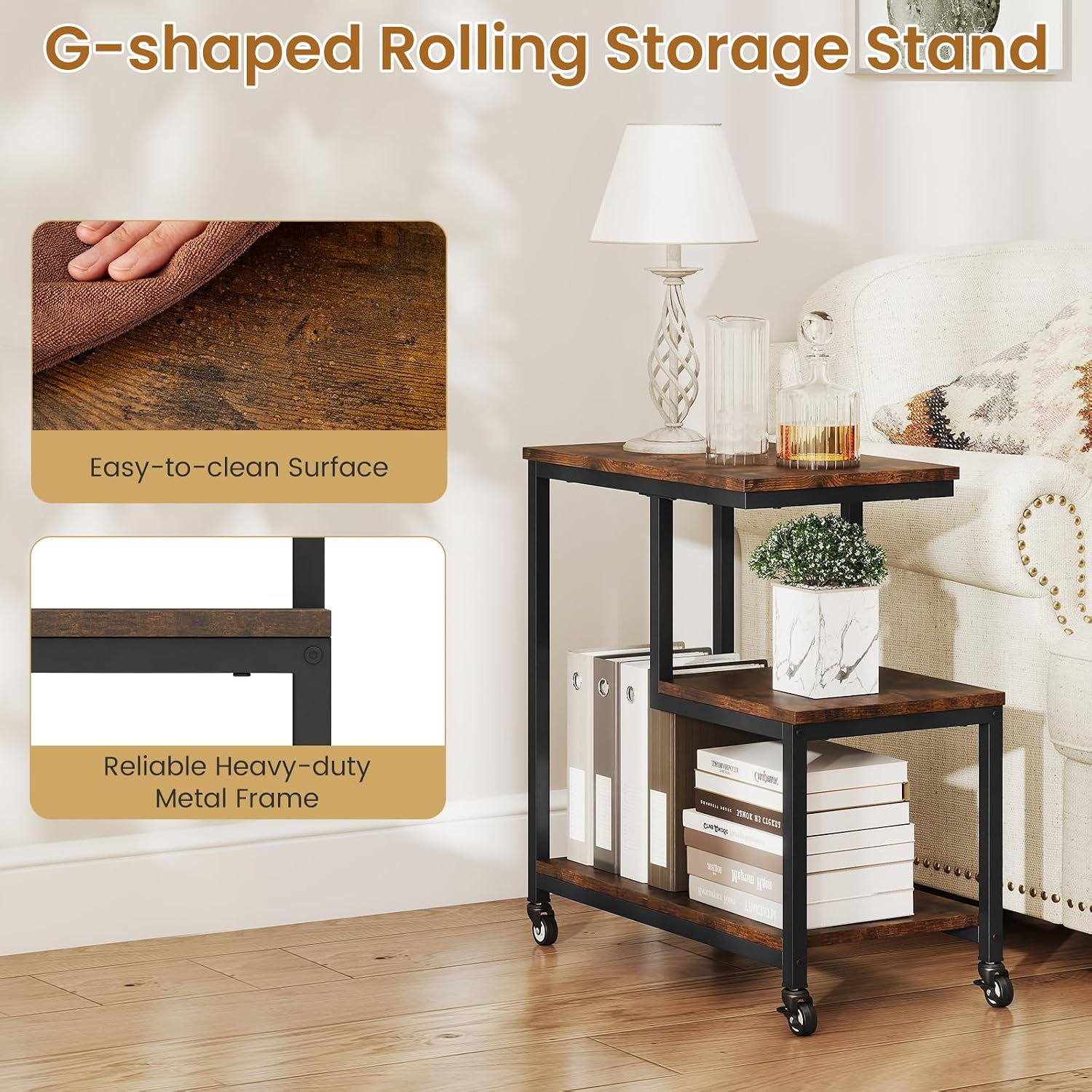 GOFLAME G-Shaped End Table, 3-Tier Sofa Side Table with Wheels, Open Shelves, Metal Frame, Modern Display Accent Table, Small Narrow Rolling Nightstand for Living Room, Bedroom, Rustic Brown