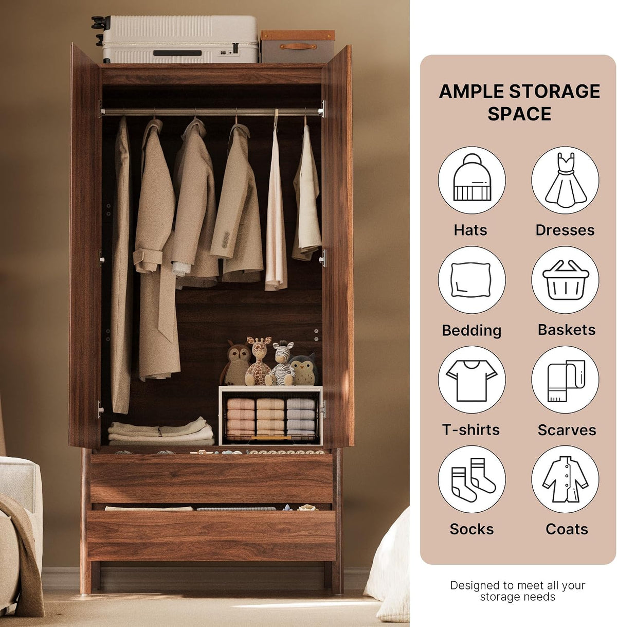 MAISONARIA Wardrobe with 2 Doors and 2 Drawers, 70.9”H Modern Walnut Bedroom Armoire Closet with Hidden Handles, Freestanding Wooden Storage Cabinet for Clothes and Essentials