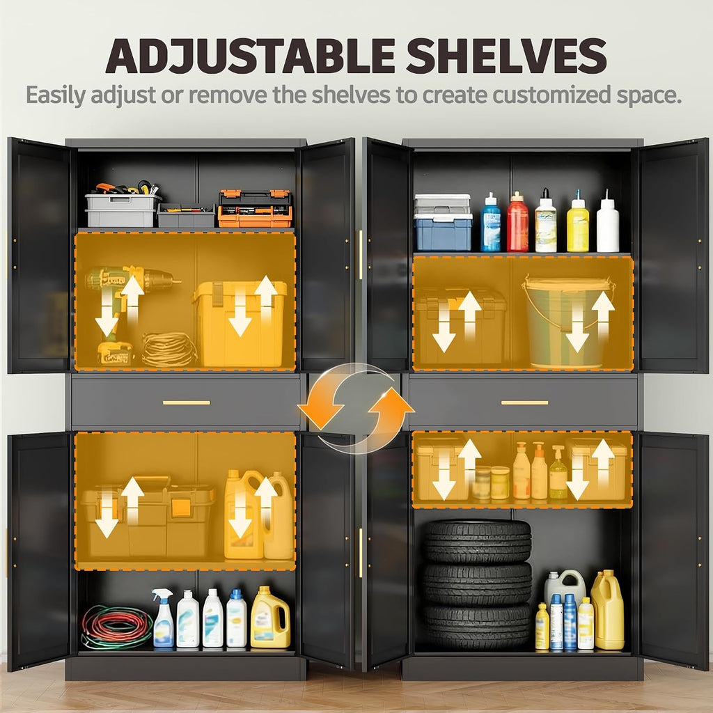 Metal Cabinet, 71” Garage Storage Cabinet with Doors and Adjustable Shelves (Black, 1 Drawer)