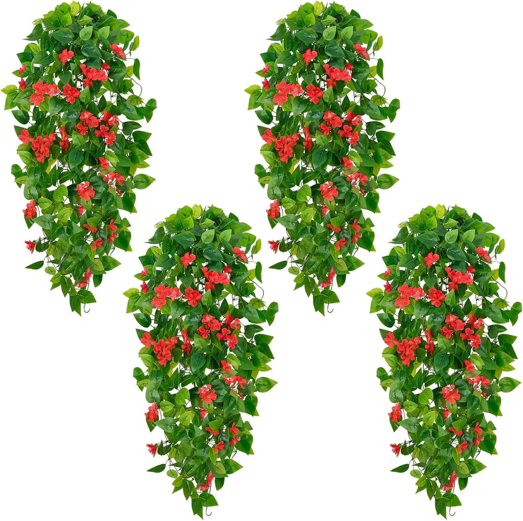 BLEUM CADE Artificial Hanging Flowers for Outdoors, 4pcs Fake Hanging Plants Pothos Vines with Red Flowers for Wall Home Living Room Indoor Outdoor Decor (No Baskets)