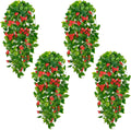 BLEUM CADE Artificial Hanging Flowers for Outdoors, 4pcs Fake Hanging Plants Pothos Vines with Red Flowers for Wall Home Living Room Indoor Outdoor Decor (No Baskets)