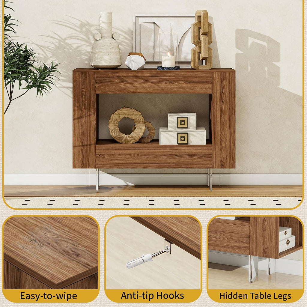 Console Table, Entryway Table with Hidden Storage Cabinets, Adjustable Shelves, Farmhouse Sofa Table for Behind The Couch, Living Room, Hallway, Brown Wood Grain Finish