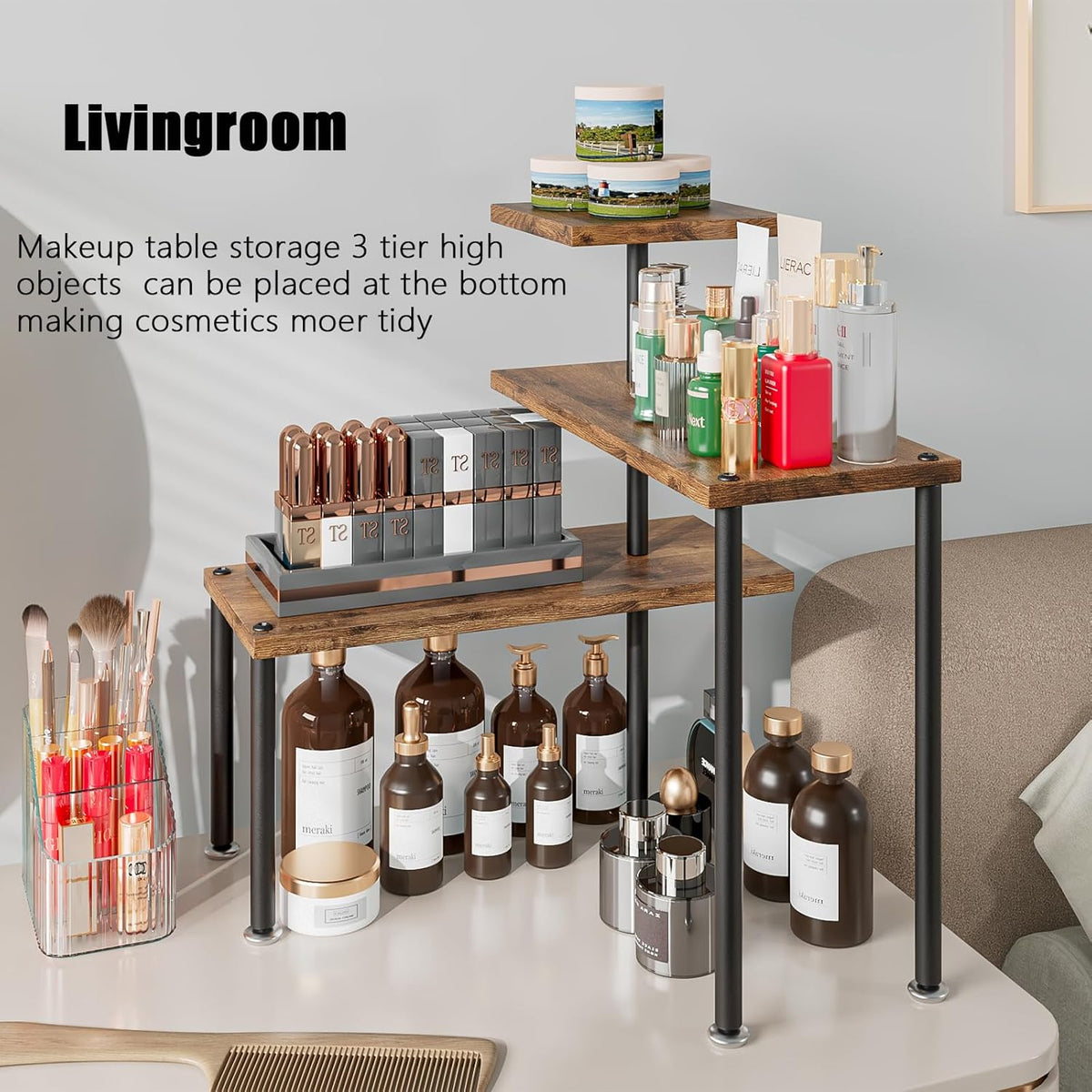 Countertop Organizer Organization 3 Tier Kitchen Corner Shelves Adjustable Spice Storage Rack for Bathroom Coffee Area Over Sink (Black)