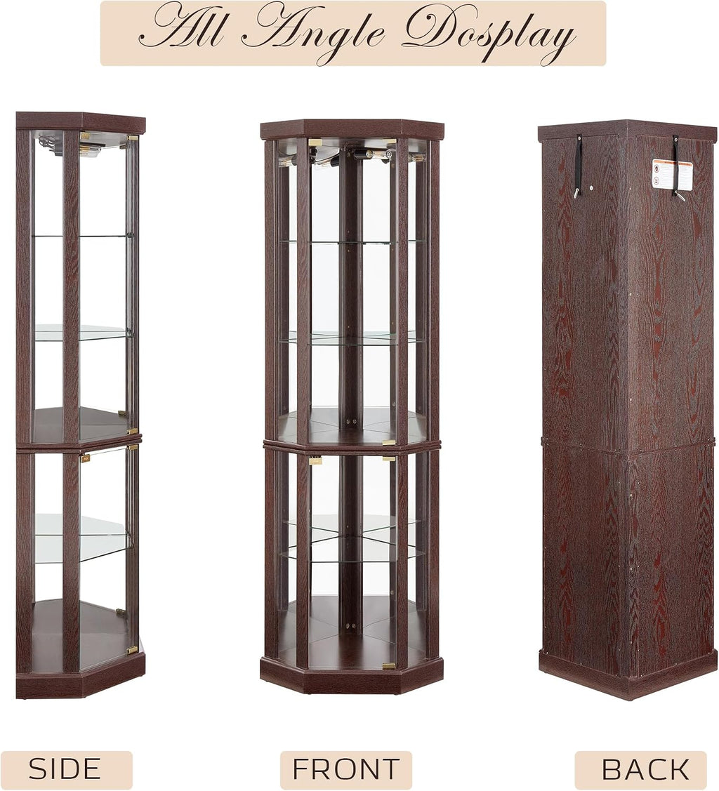 70" H Lighted Corner Curio Cabinet, Glass Display Cage with Tempered Glass Doors and 5 Adjustable Shelves, Wine Cabinet Storage Rack for Bar and Liquor Storage (Dark Cherry)