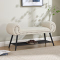 End of Bed Bench with Shoe Shelf, 45" Modern Velvet Upholstered Bedroom Bench with Rolled Arms and Metal Frame for Entryway, Living Room, Hallway, Foyer, 300 lbs, Cream