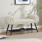 End of Bed Bench with Shoe Shelf, 45" Modern Velvet Upholstered Bedroom Bench with Rolled Arms and Metal Frame for Entryway, Living Room, Hallway, Foyer, 300 lbs, Cream