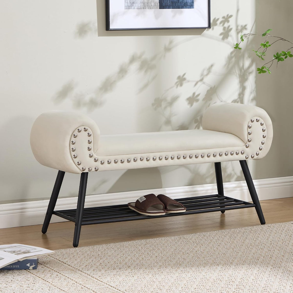 End of Bed Bench with Shoe Shelf, 45" Modern Velvet Upholstered Bedroom Bench with Rolled Arms and Metal Frame for Entryway, Living Room, Hallway, Foyer, 300 lbs, Cream