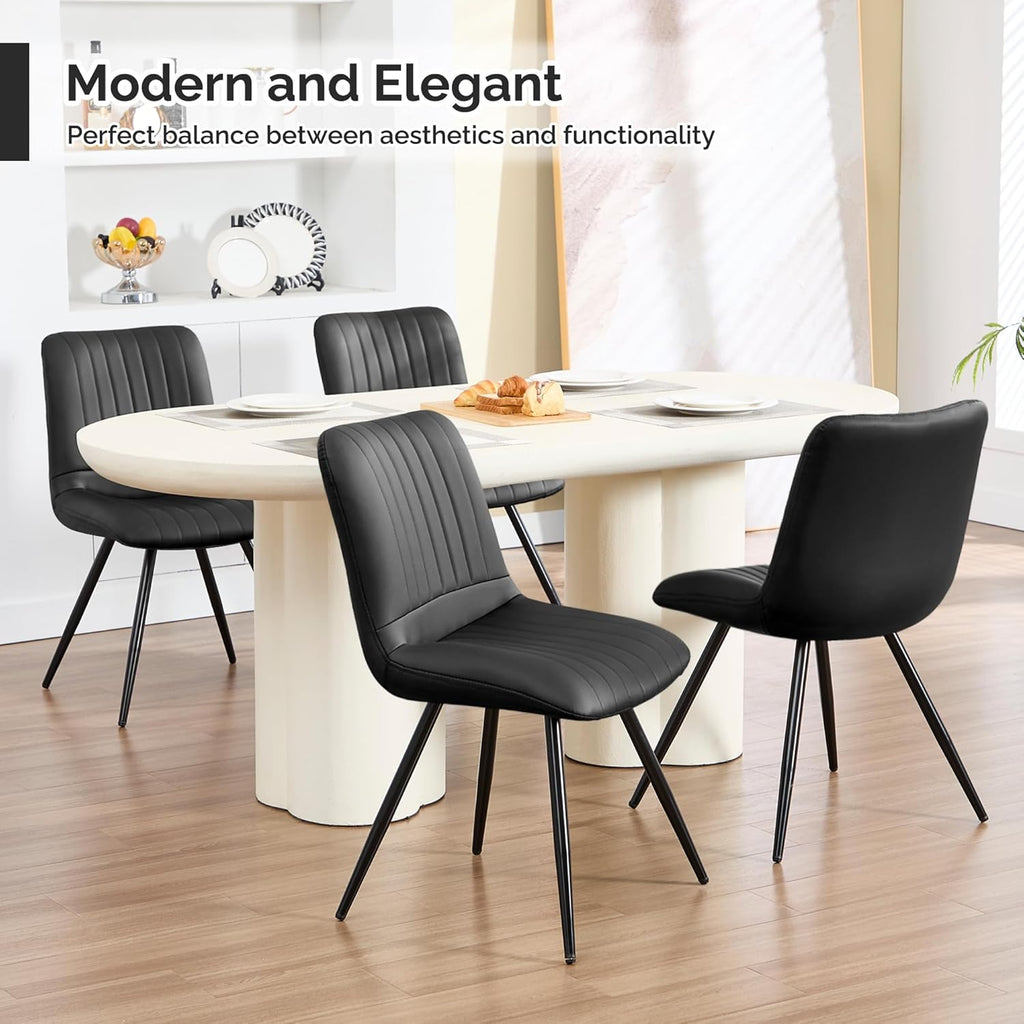 Dining Chairs Set of 4, Modern Dining Chairs with Thick Cushions, PU Leather Upholstered Kitchen Dining Room Chairs with Metal Legs for Dining Living Room (Black)