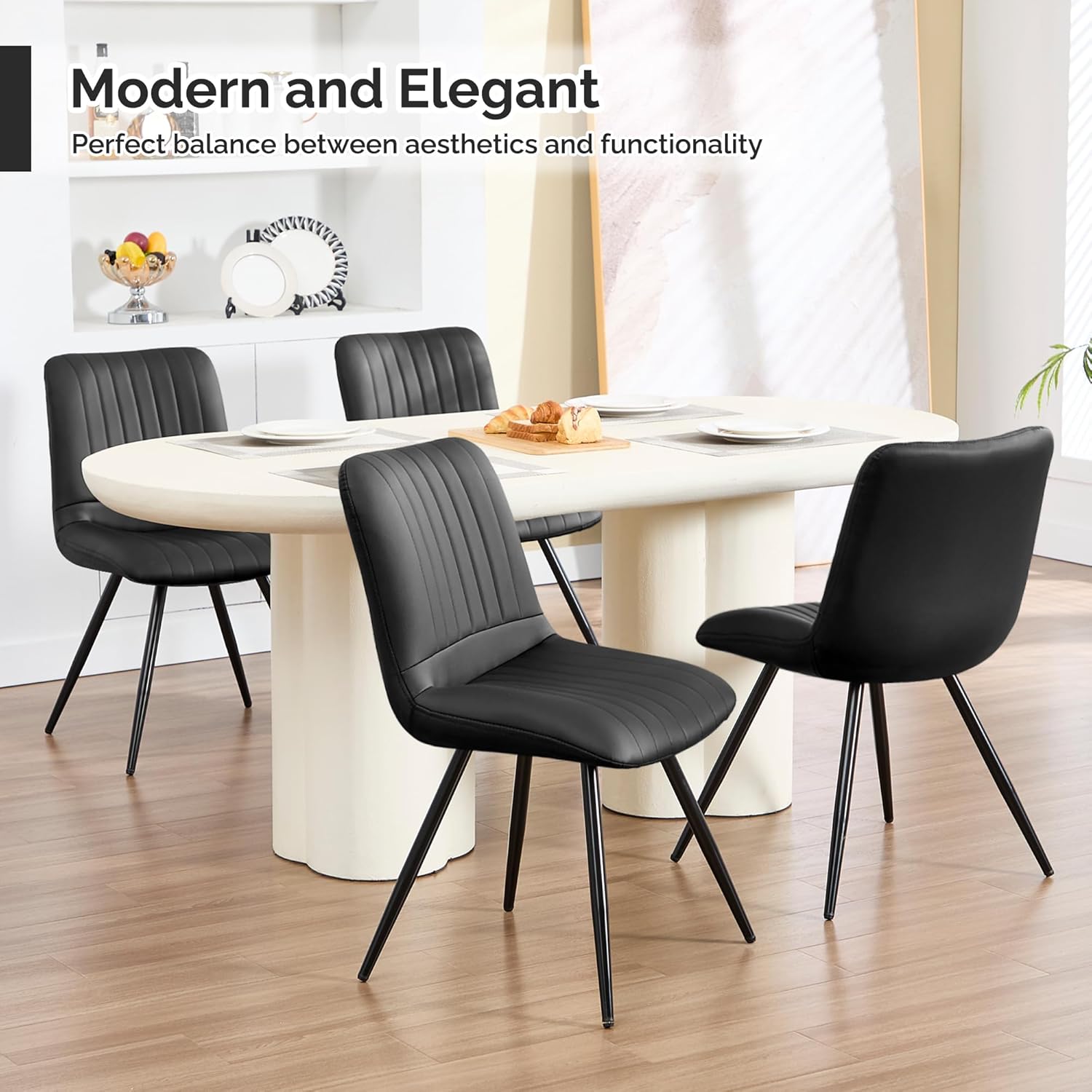 Dining Chairs Set of 4, Modern Dining Chairs with Thick Cushions, PU Leather Upholstered Kitchen Dining Room Chairs with Metal Legs for Dining Living Room (Black)