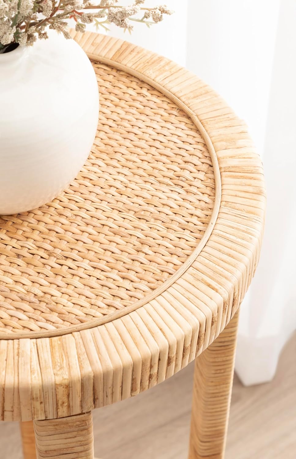 Kate and Laurel Rafina Round Rattan Drink Table, 13 x 13 x 28, Natural Brown, Transitional Boho Circle Wooden Accent Pedestal Table for Indoor Plant Stand or Living Room Decor Accent
