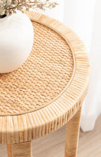 Kate and Laurel Rafina Round Rattan Drink Table, 13 x 13 x 28, Natural Brown, Transitional Boho Circle Wooden Accent Pedestal Table for Indoor Plant Stand or Living Room Decor Accent
